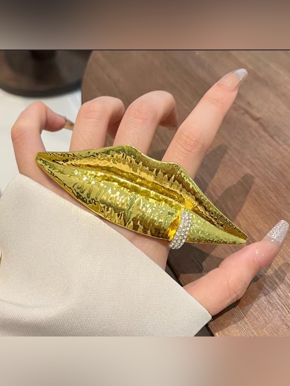 Schiaparelli Inspired Gold Lip-Shaped Statement Ring with Crystal Accent